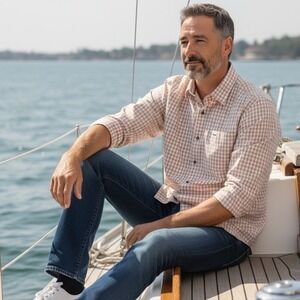 Fish Hippie Tan Casual Button Down Shirt with Classic Checkered‎ Pattern